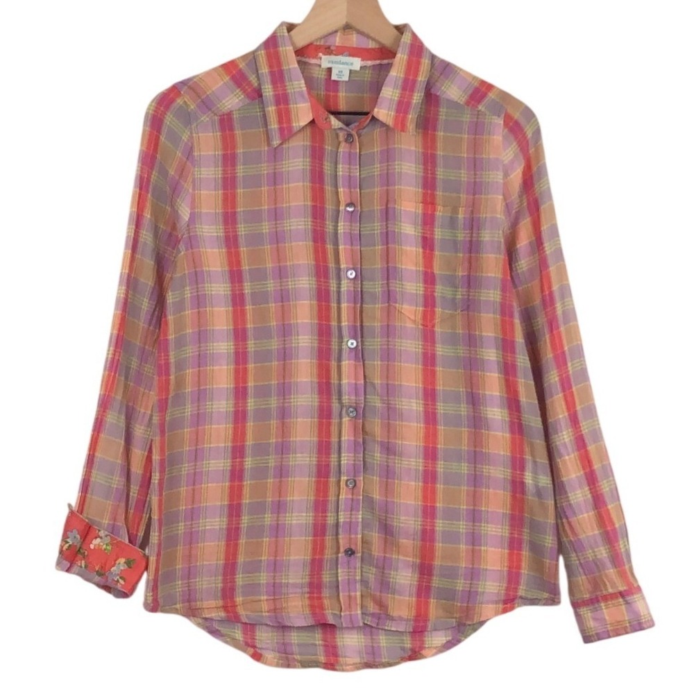 SUNDANCE Plaid Cotton Button Up Shirt Women's XS Floral Trim Lightweight L/S
